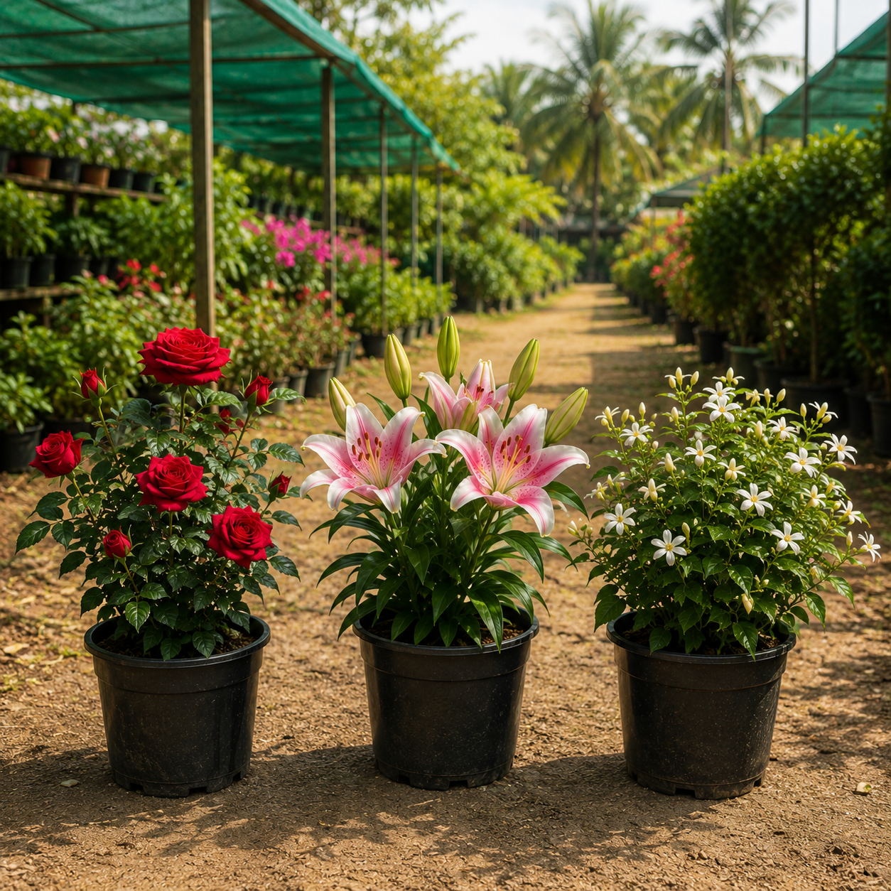 Assorted Rose, Lily & Jasmine – Set of 3 Flowering Plants